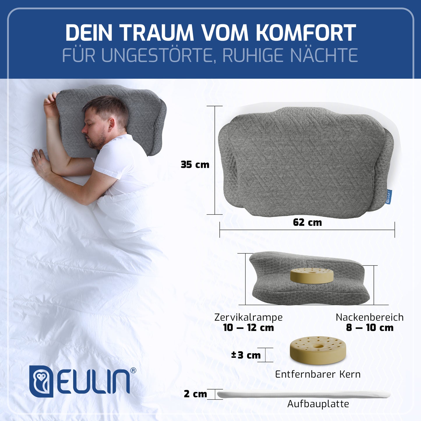 ERGONOMISCHES KOPFKISSEN - IGR zertifiziertes Nackenstützkissen für Seitenschläfer & Rückenschläfer – WOLKENBLUME MF1 grau