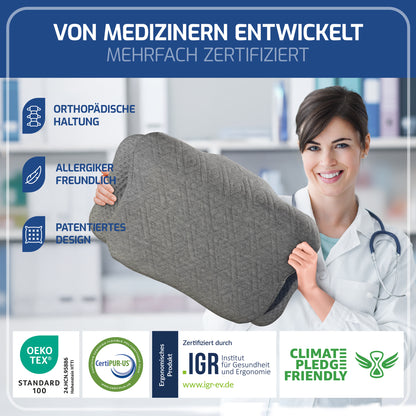 EULIN® WOLKENBLUME MF1 Orthopädisches Kopfkissen 35×62 cm – Höhenverstellbares Nackenstützkissen aus Memory Foam | Ergonomisch & Atmungsaktiv in GRAU