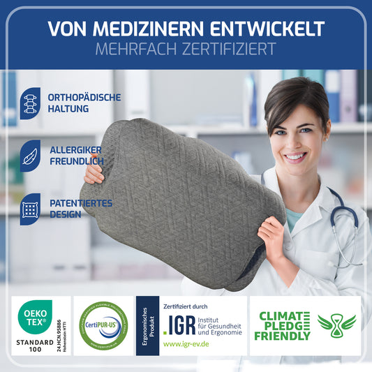 ERGONOMISCHES KOPFKISSEN - IGR zertifiziertes Nackenstützkissen für Seitenschläfer & Rückenschläfer –  WOLKENBLUME MF1 grau