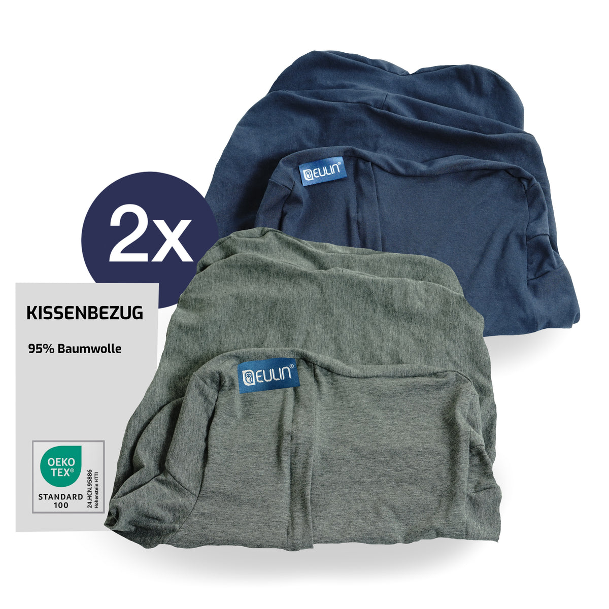 EULIN® Baumwoll-Kissenbezug 2er-Set – Melange Grau & Dunkelblau