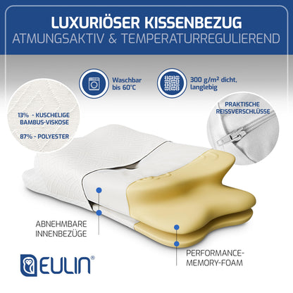 EULIN® WOLKENBLUME MF1 Orthopädisches Kopfkissen 35×62 cm – Höhenverstellbares Nackenstützkissen aus Memory Foam | Ergonomisch & Atmungsaktiv in WEISS