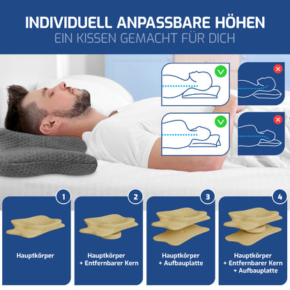 EULIN® WOLKENBLUME MF1 Orthopädisches Kopfkissen 35×62 cm – Höhenverstellbares Nackenstützkissen aus Memory Foam | Ergonomisch & Atmungsaktiv in GRAU