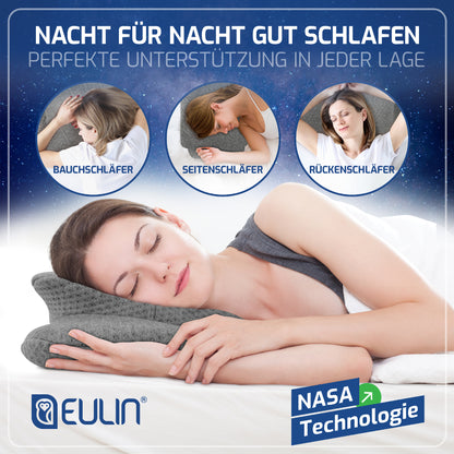 EULIN® WOLKENBLUME MF1 Orthopädisches Kopfkissen 35×62 cm – Höhenverstellbares Nackenstützkissen aus Memory Foam | Ergonomisch & Atmungsaktiv in GRAU