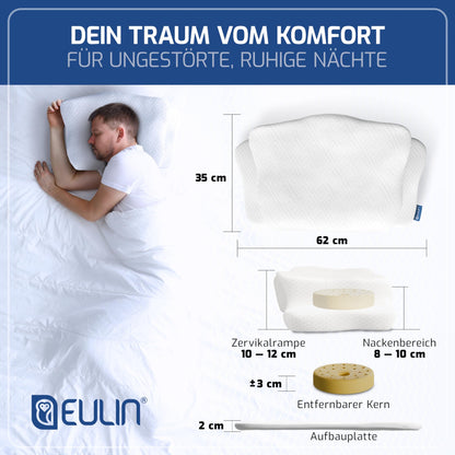 EULIN® WOLKENBLUME MF1 Orthopädisches Kopfkissen 35×62 cm – Höhenverstellbares Nackenstützkissen aus Memory Foam | Ergonomisch & Atmungsaktiv in WEISS