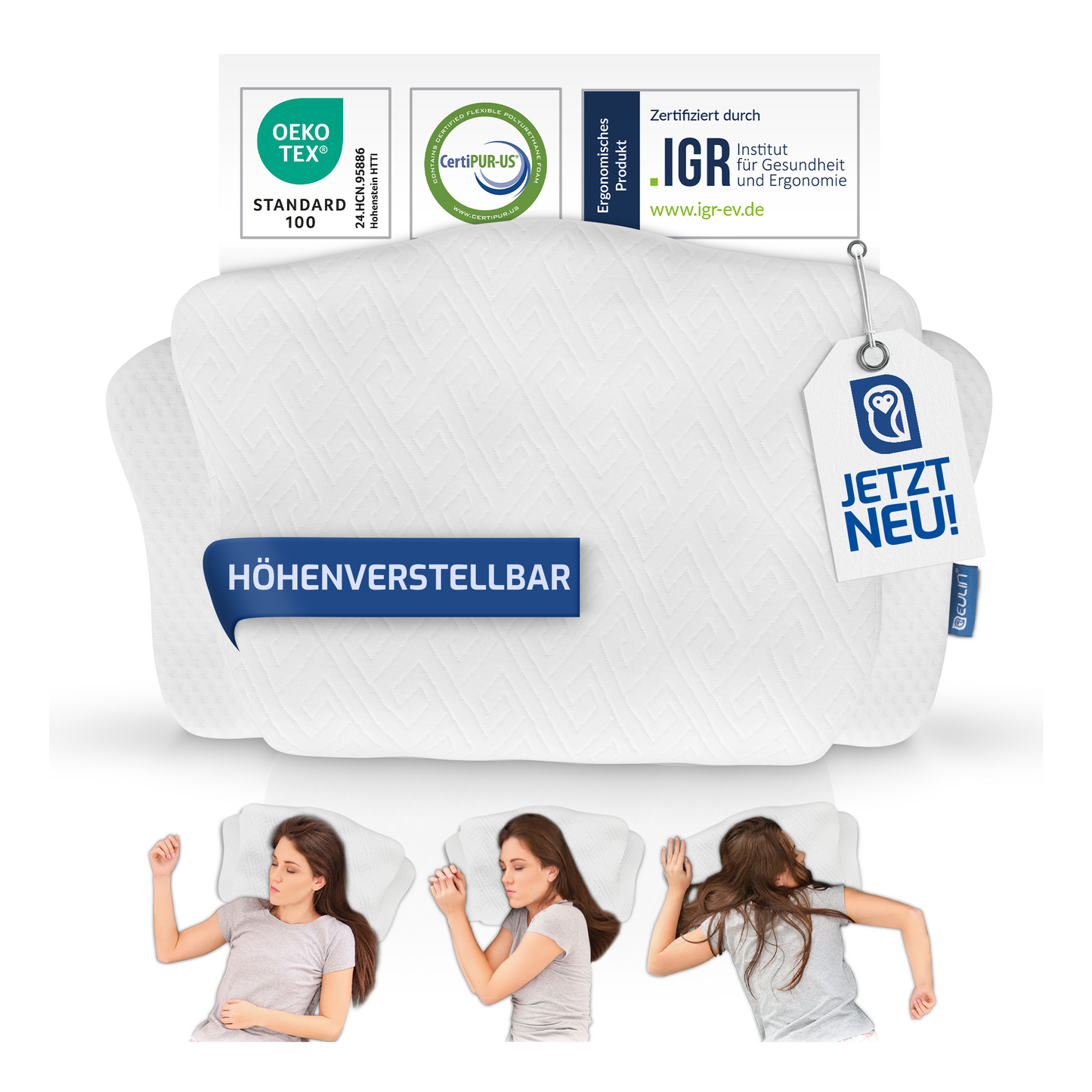 ERGONOMISCHES KOPFKISSEN - IGR zertifiziertes Nackenstützkissen für Seitenschläfer & Rückenschläfer –  WOLKENBLUME MF1 weiss