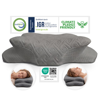 EULIN® WOLKENBLUME MF1 Orthopädisches Kopfkissen 35×62 cm – Höhenverstellbares Nackenstützkissen aus Memory Foam | Ergonomisch & Atmungsaktiv in GRAU