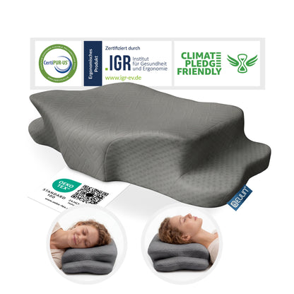 EULIN® WOLKENBLUME MF1 Orthopädisches Kopfkissen 35×62 cm – Höhenverstellbares Nackenstützkissen aus Memory Foam | Ergonomisch & Atmungsaktiv in GRAU